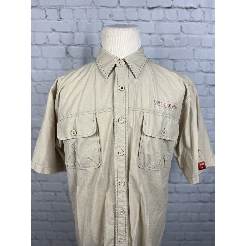 PNB Nation Men’s Medium Short Sleeve Button Front Shirt Cotton Blend, Pockets